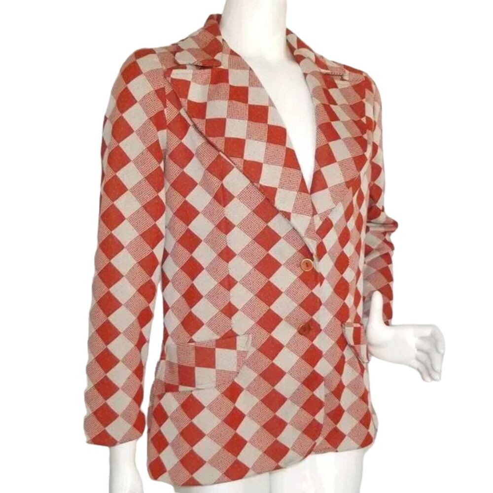 VINTAGE Blazer, M/L, Orange/Off-White Diamonds/Check, 2 buttons, Poly - Picture 2 of 12